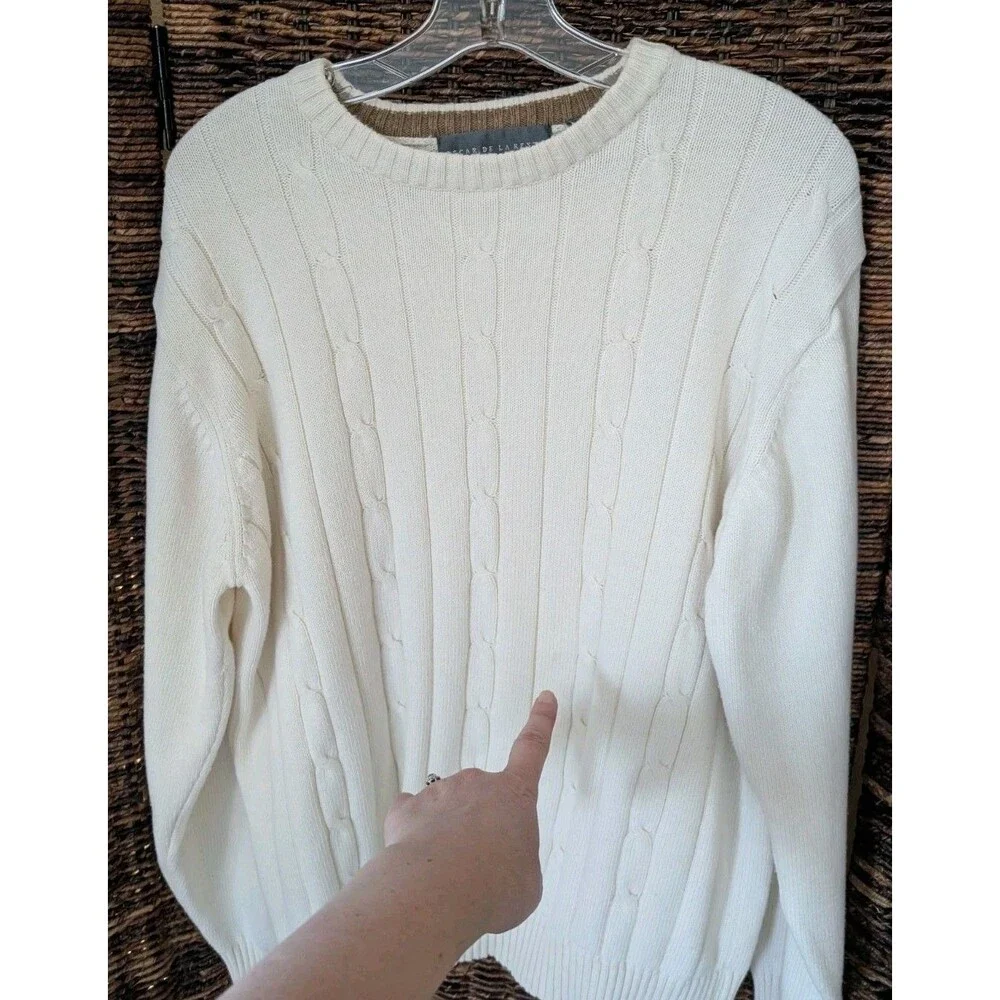 VTG Oscar de la Renta Cable Knit Sweater Mens XL Cream Coastal Old Money Preppy